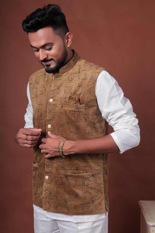 Brown Embroidered Velvet Waistcoat