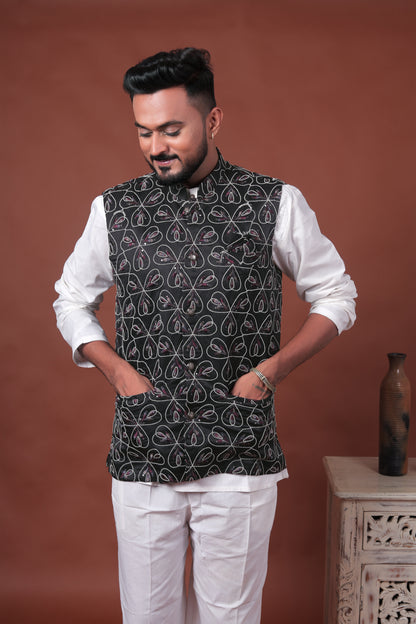 Black Embroidered Velvet Waistcoat