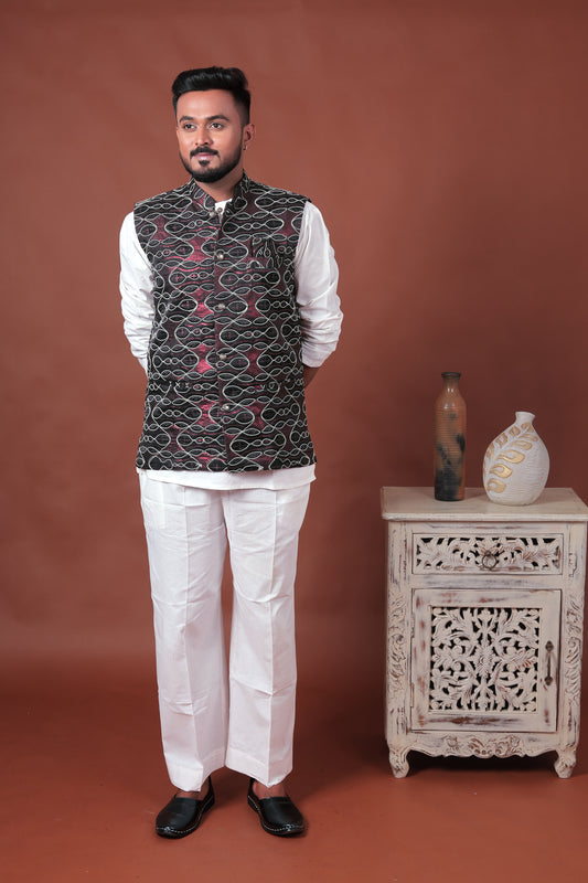Black Embroidered Velvet Nehru Jacket