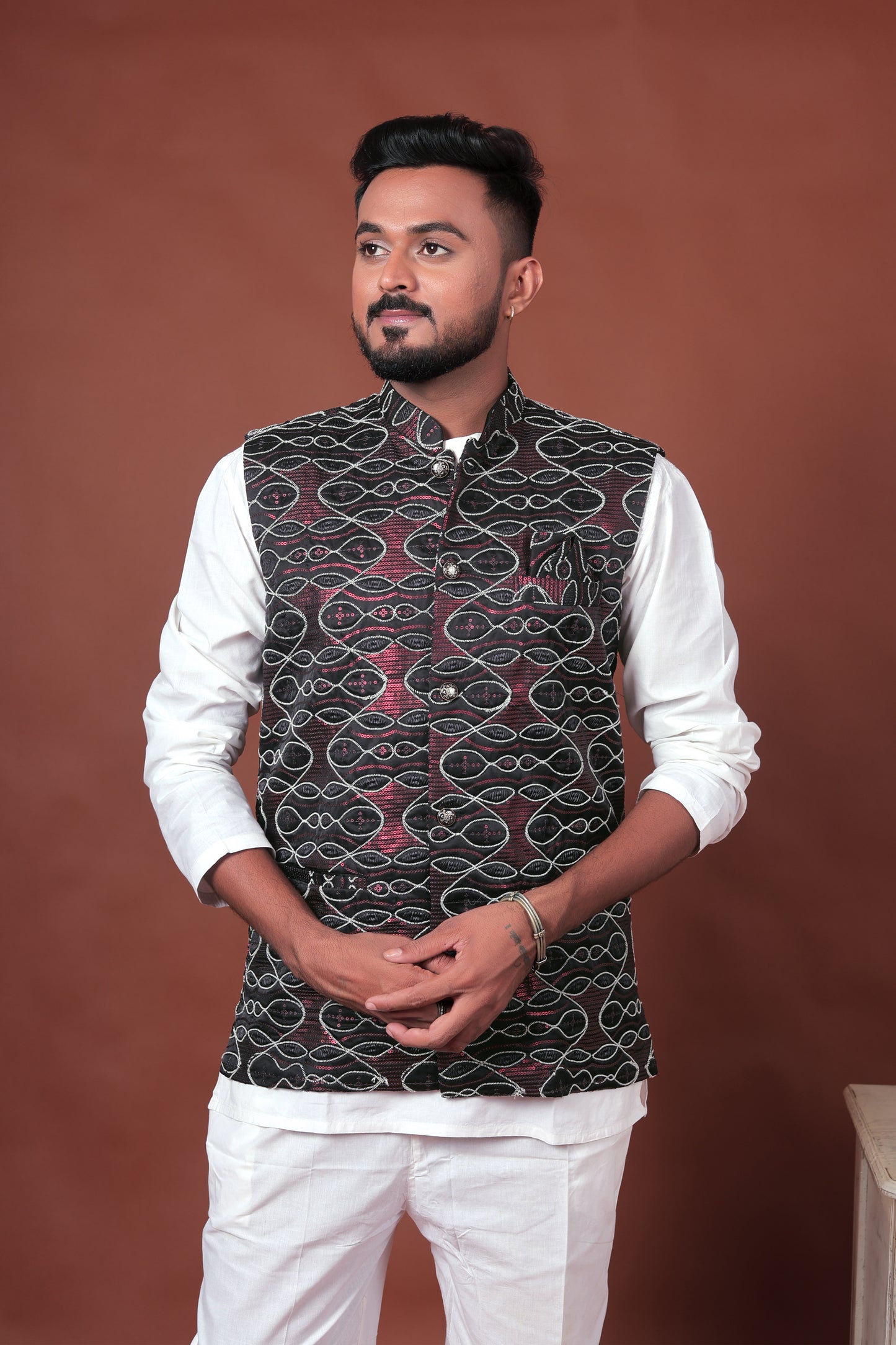 Black Embroidered Velvet Nehru Jacket