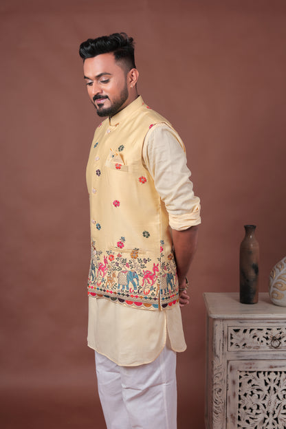 Yellow Velvet Nehru Jacket with Animal & Floral Embroidery
