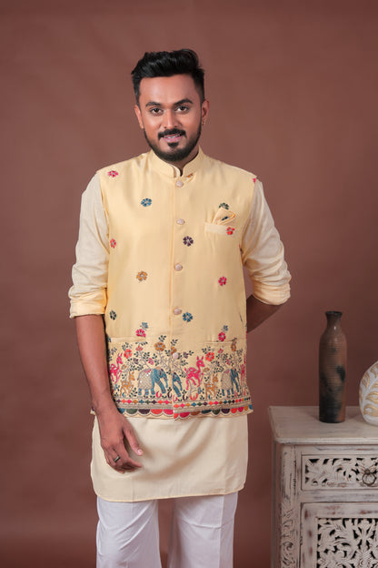 Yellow Velvet Nehru Jacket with Animal & Floral Embroidery