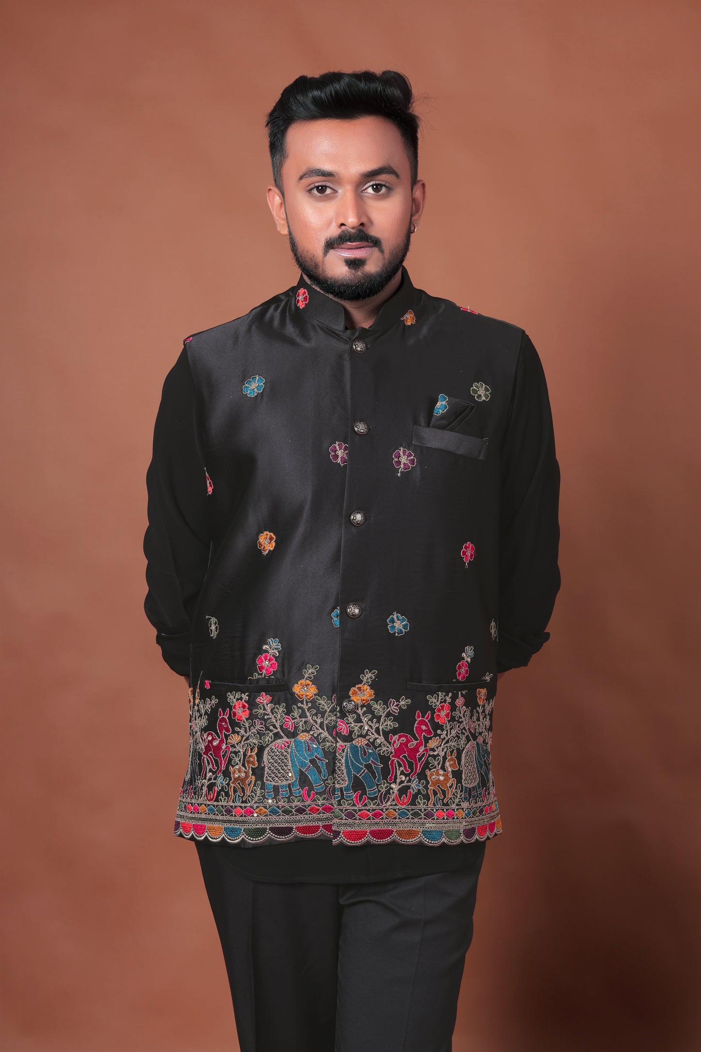 Black Velvet Nehru Jacket with Animal & Floral Embroidery