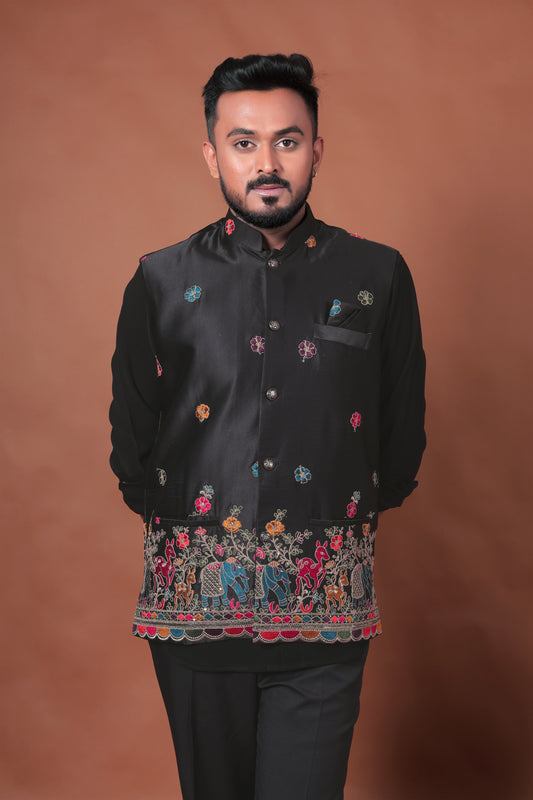 Black Velvet Nehru Jacket with Animal & Floral Embroidery