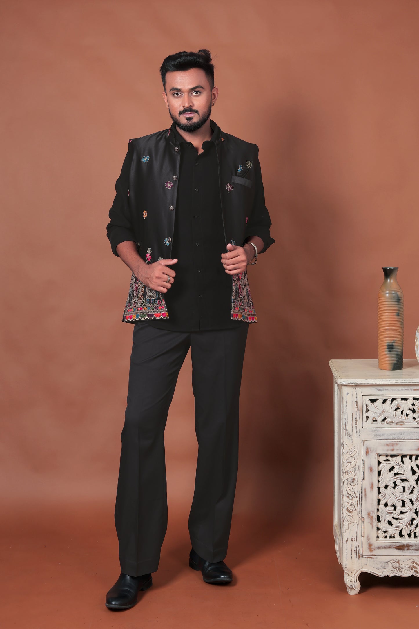 Black Velvet Nehru Jacket with Animal & Floral Embroidery