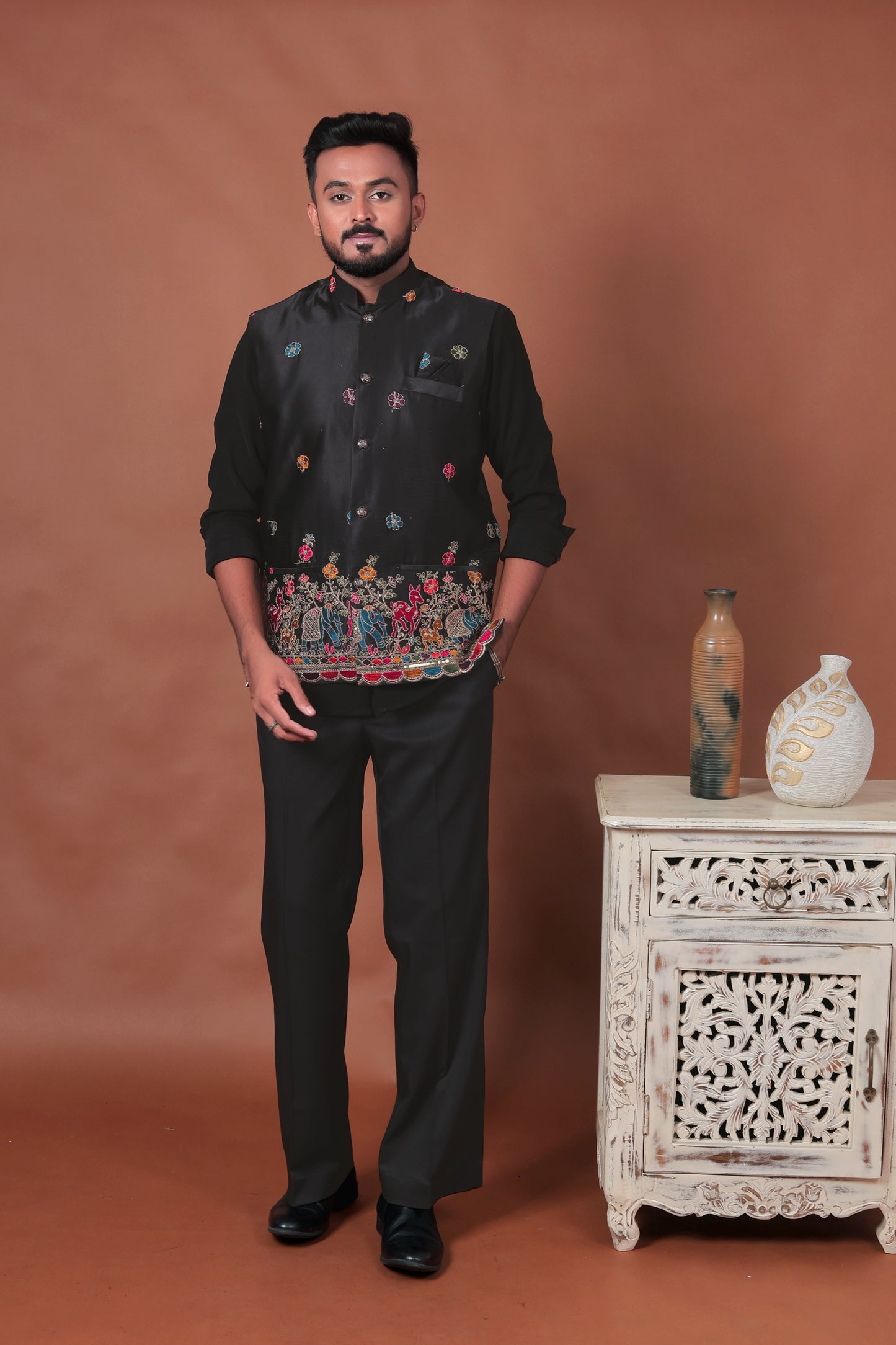 Black Velvet Nehru Jacket with Animal & Floral Embroidery