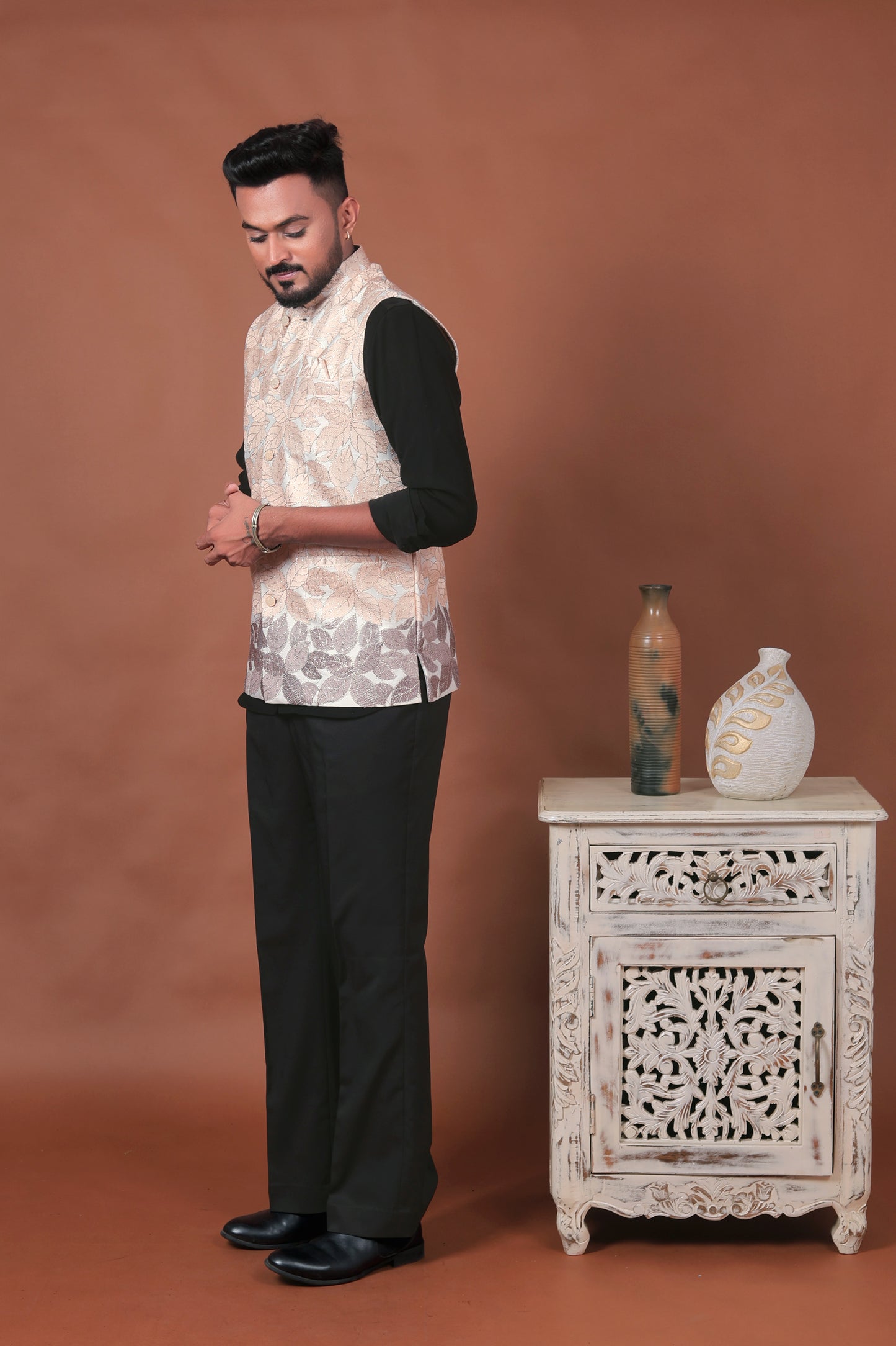 Cream Velvet Nehru Jacket with Leaf Embroidery