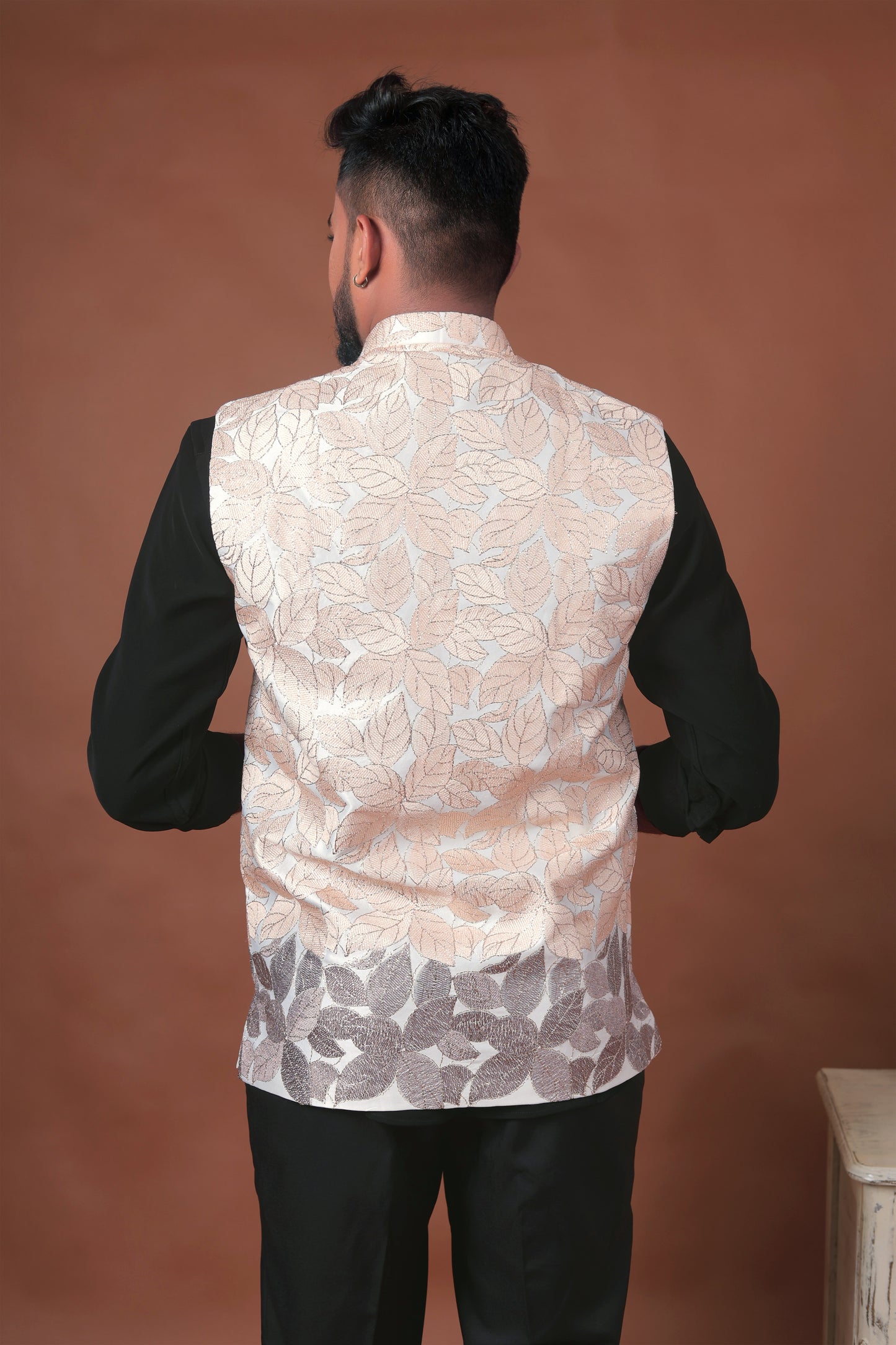 Cream Velvet Nehru Jacket with Leaf Embroidery