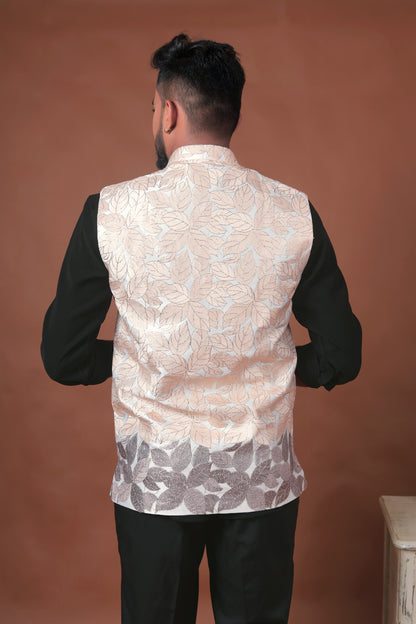 Cream Velvet Nehru Jacket with Leaf Embroidery