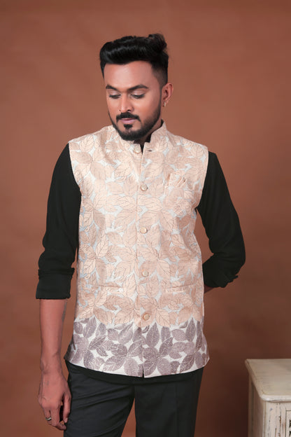 Cream Velvet Nehru Jacket with Leaf Embroidery