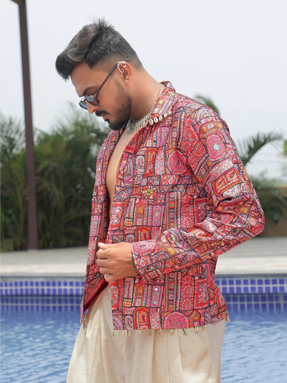 Red Mirror Work Printed Ethnic Jacket