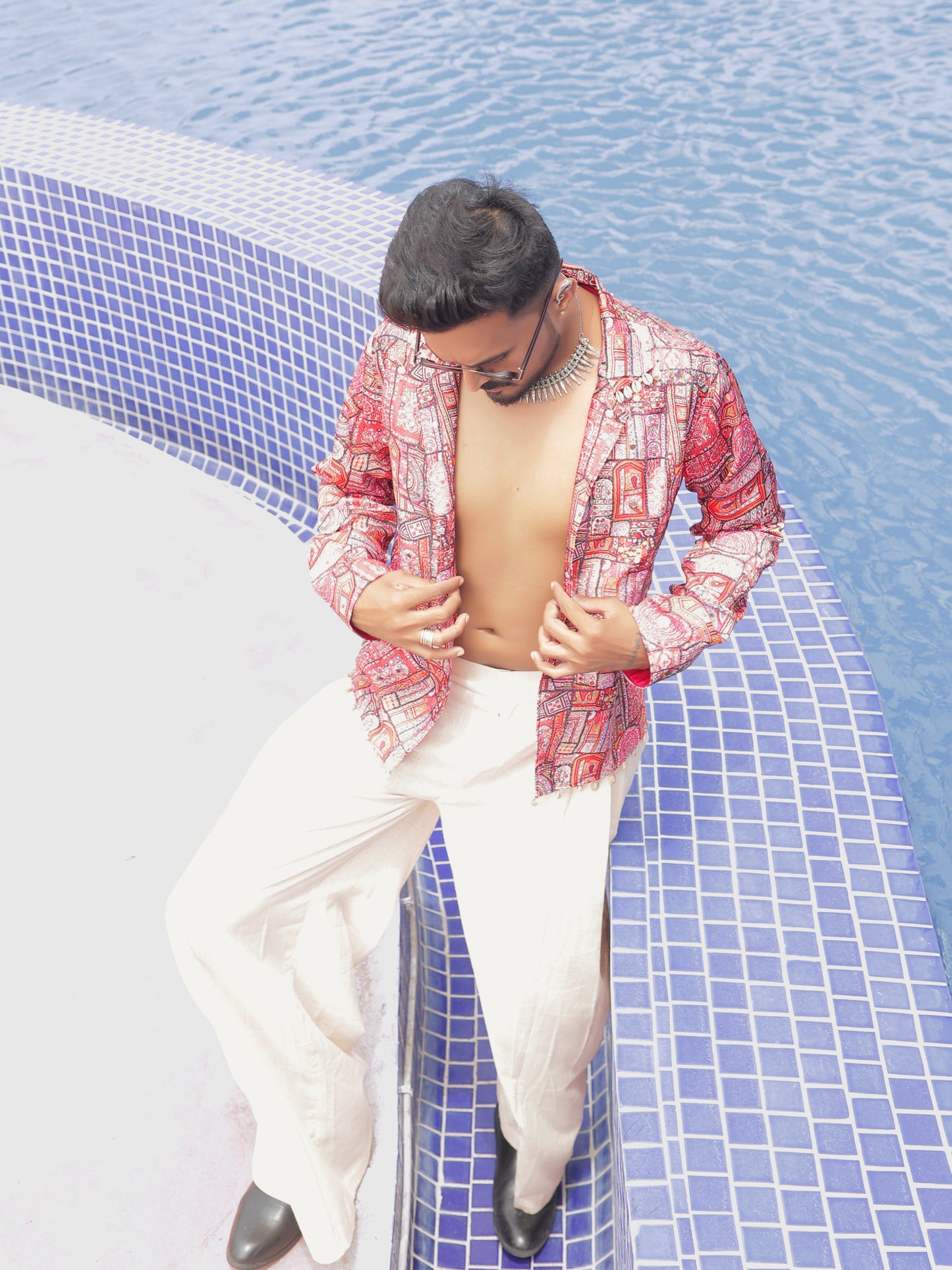 Red Mirror Work Printed Ethnic Jacket