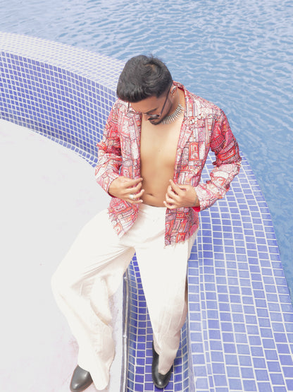 Red Mirror Work Printed Ethnic Jacket