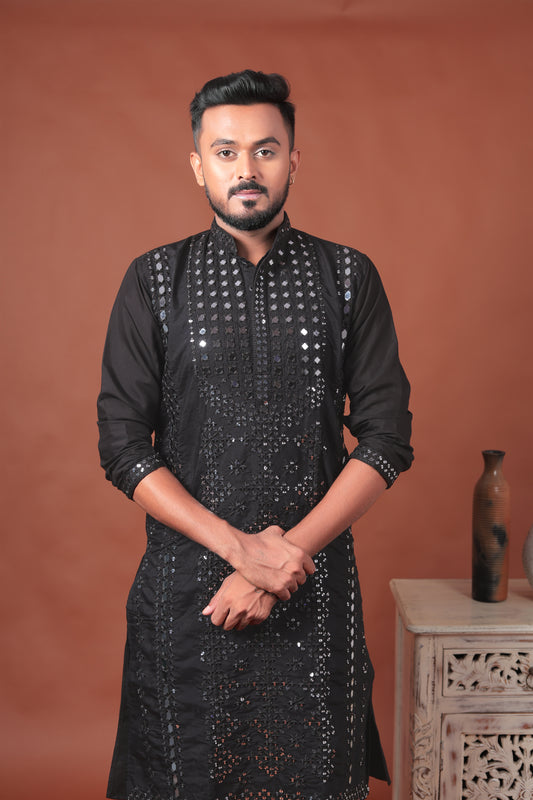Black Mirror Work Embroidered Cotton Silk Kurta Set