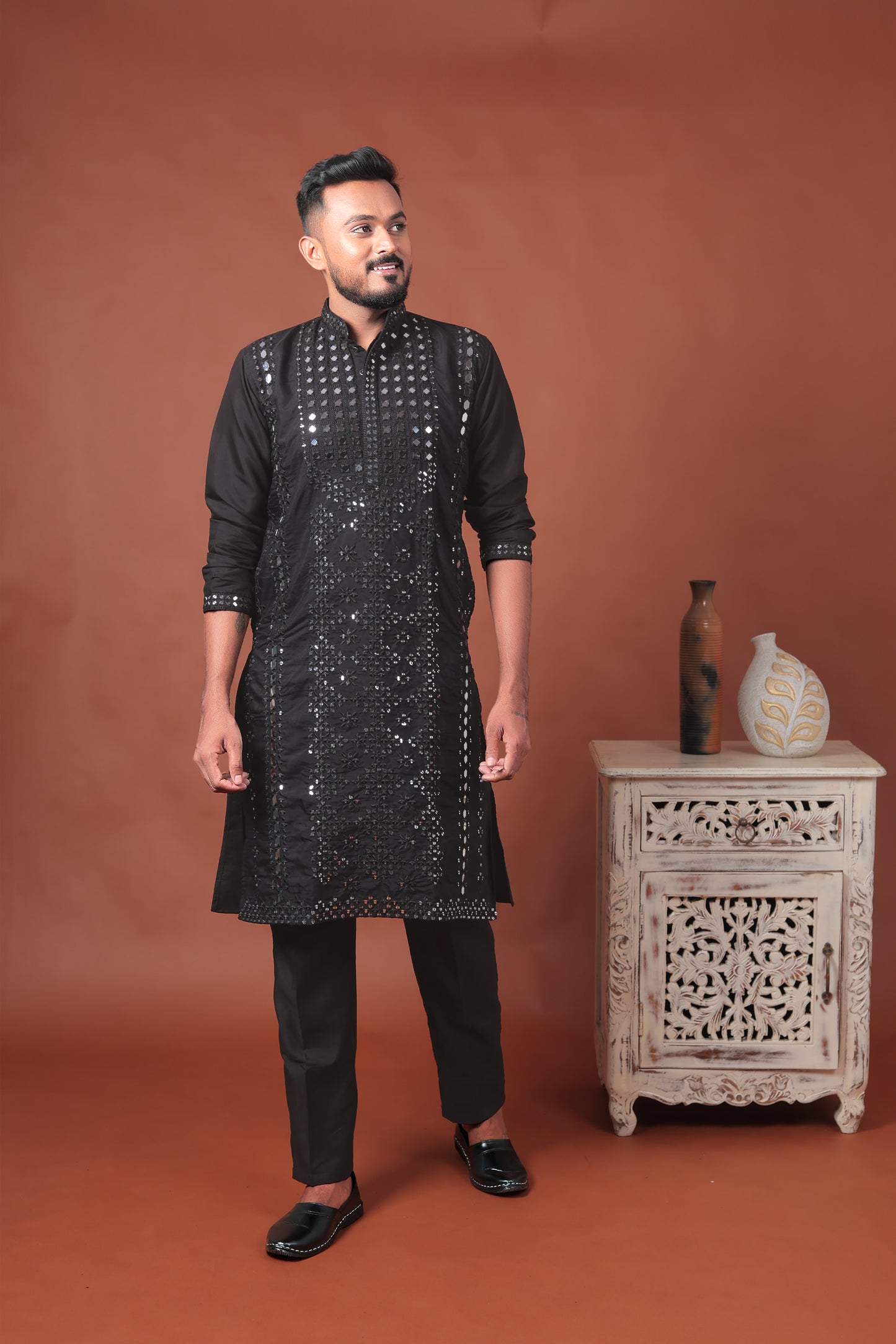 Black Mirror Work Embroidered Cotton Silk Kurta Set