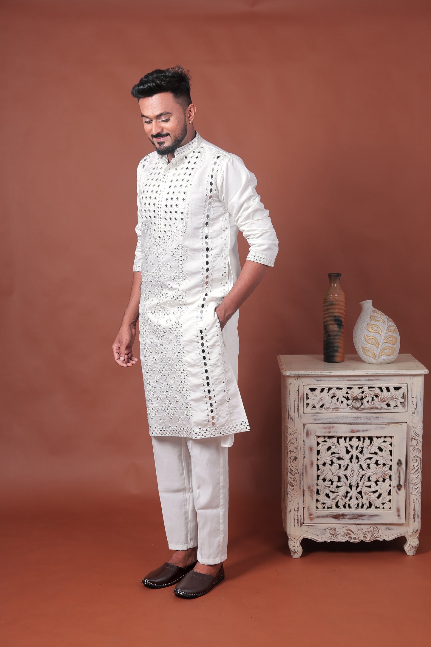 White Mirror Work Embroidered Cotton Silk Kurta Set