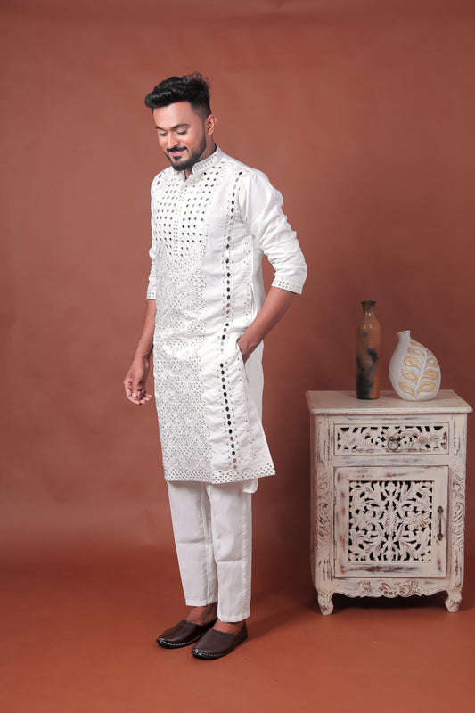 White Mirror Work Embroidered Cotton Silk Kurta Set