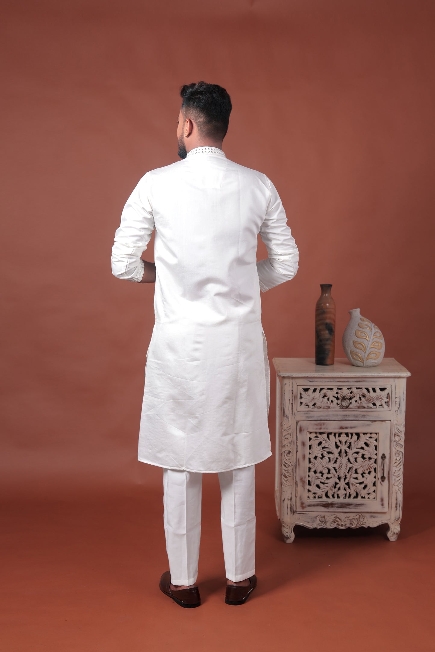 White Mirror Work Embroidered Cotton Silk Kurta Set