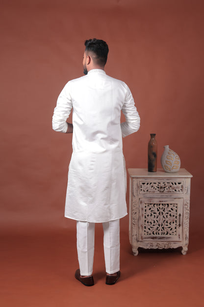 White Mirror Work Embroidered Cotton Silk Kurta Set