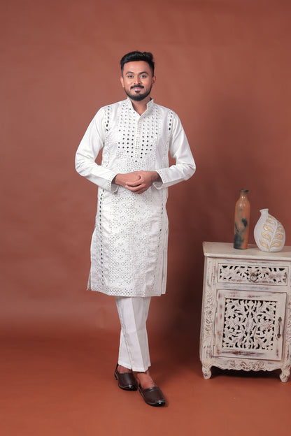 White Mirror Work Embroidered Cotton Silk Kurta Set
