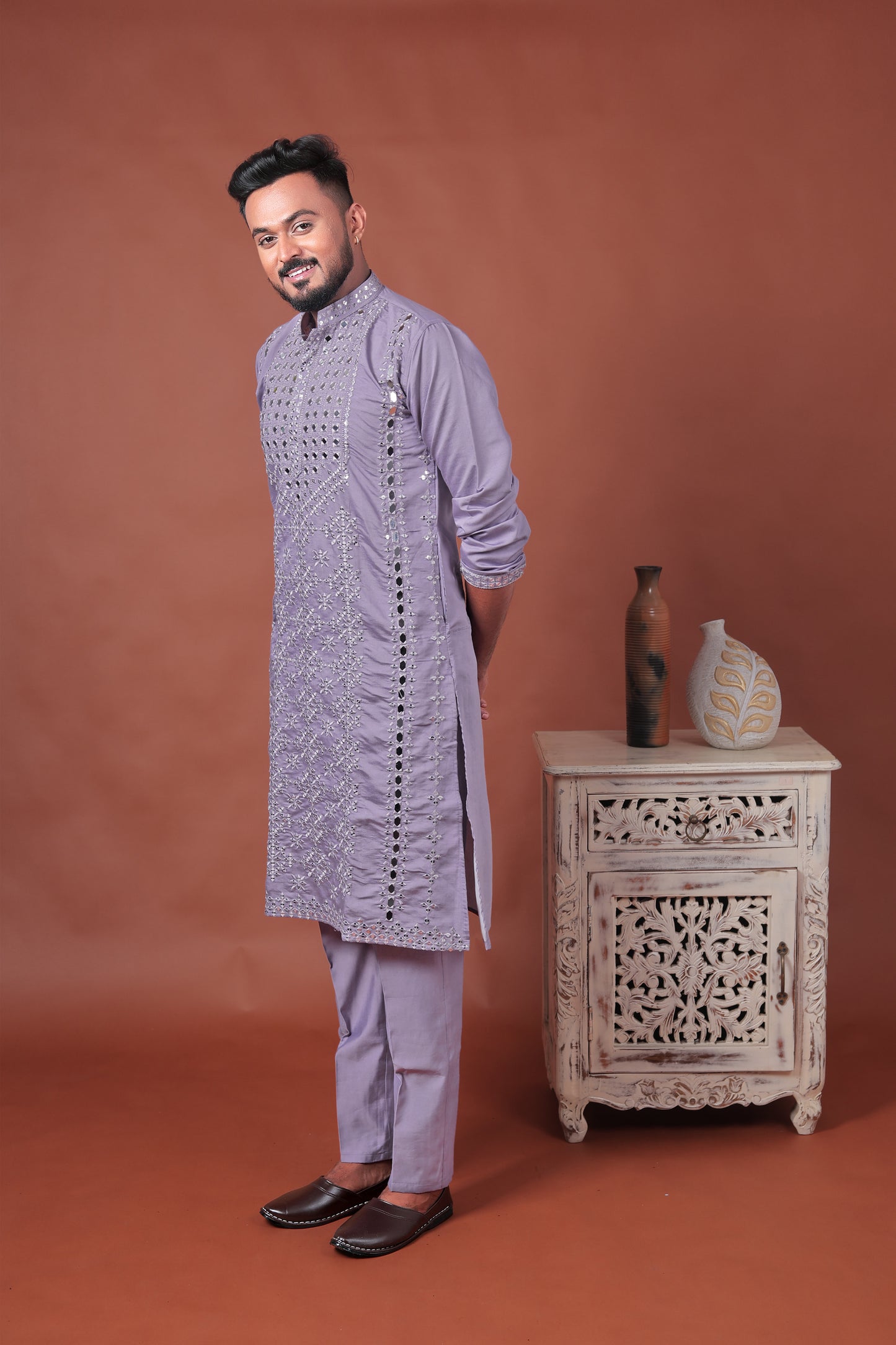 Purple Mirror Work Embroidered Cotton Silk Kurta Set