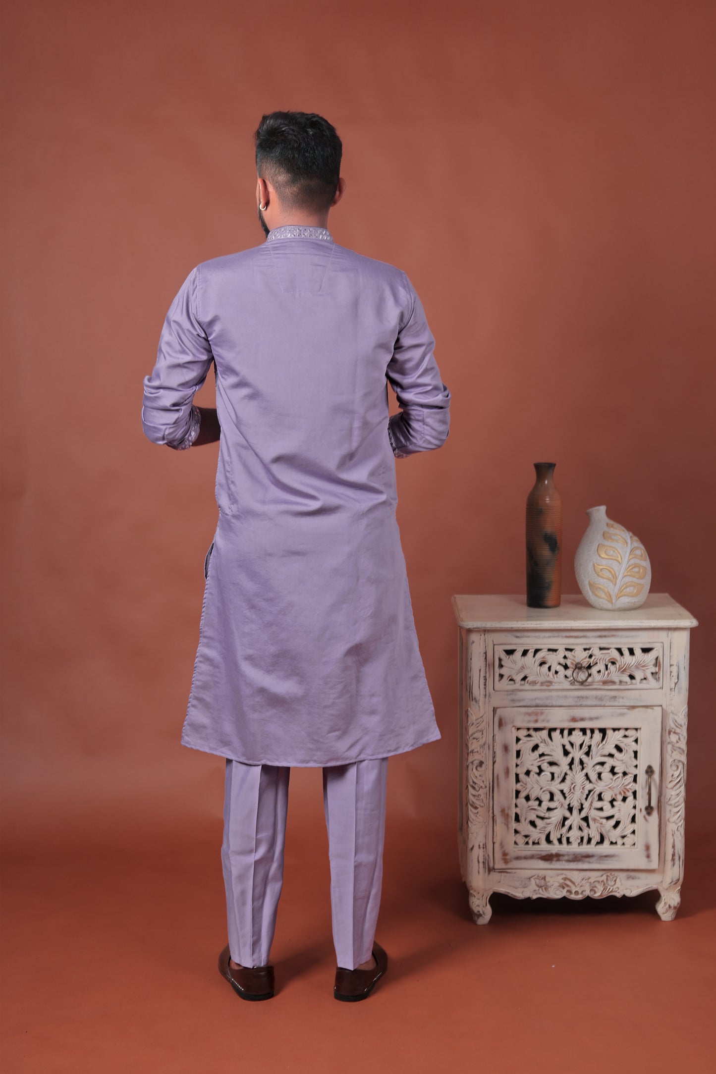 Purple Mirror Work Embroidered Cotton Silk Kurta Set