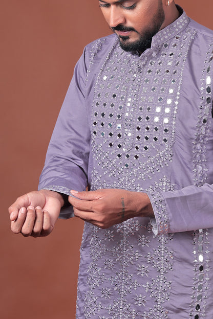 Purple Mirror Work Embroidered Cotton Silk Kurta Set