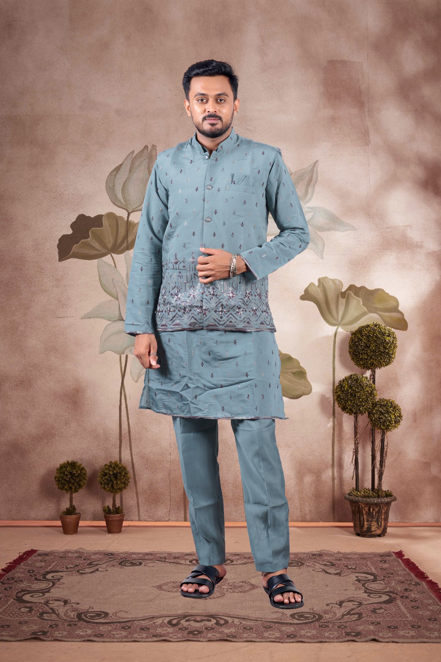 Cadet Blue Embroidered Kurta Set with Jacket – Wedding Look