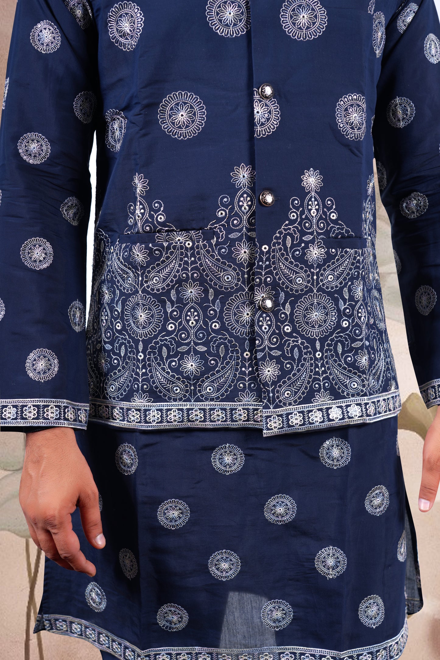 Navy Embroidered Kurta Set with Jacket – Paisley Wedding Edition