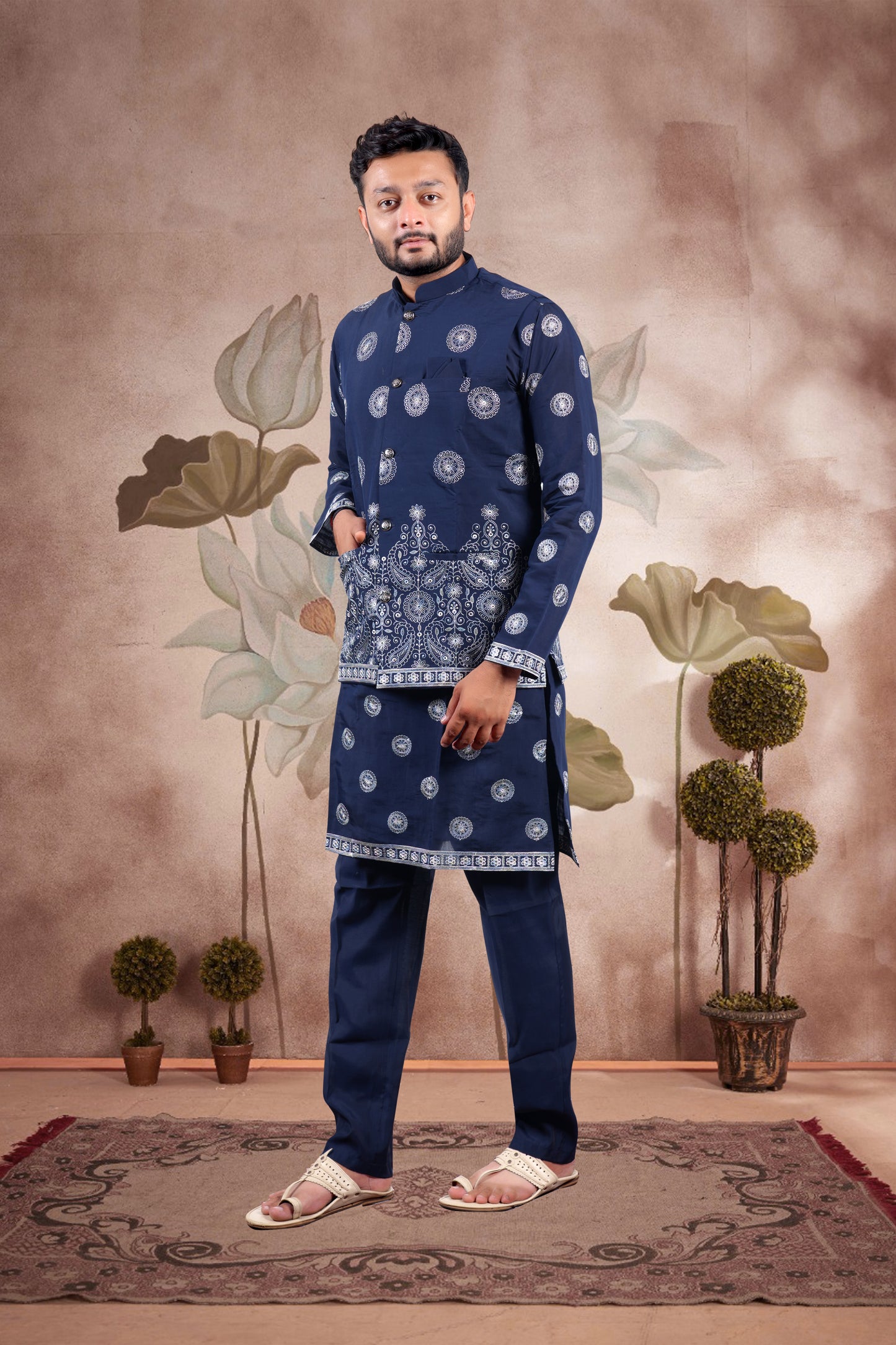 Navy Embroidered Kurta Set with Jacket – Paisley Wedding Edition