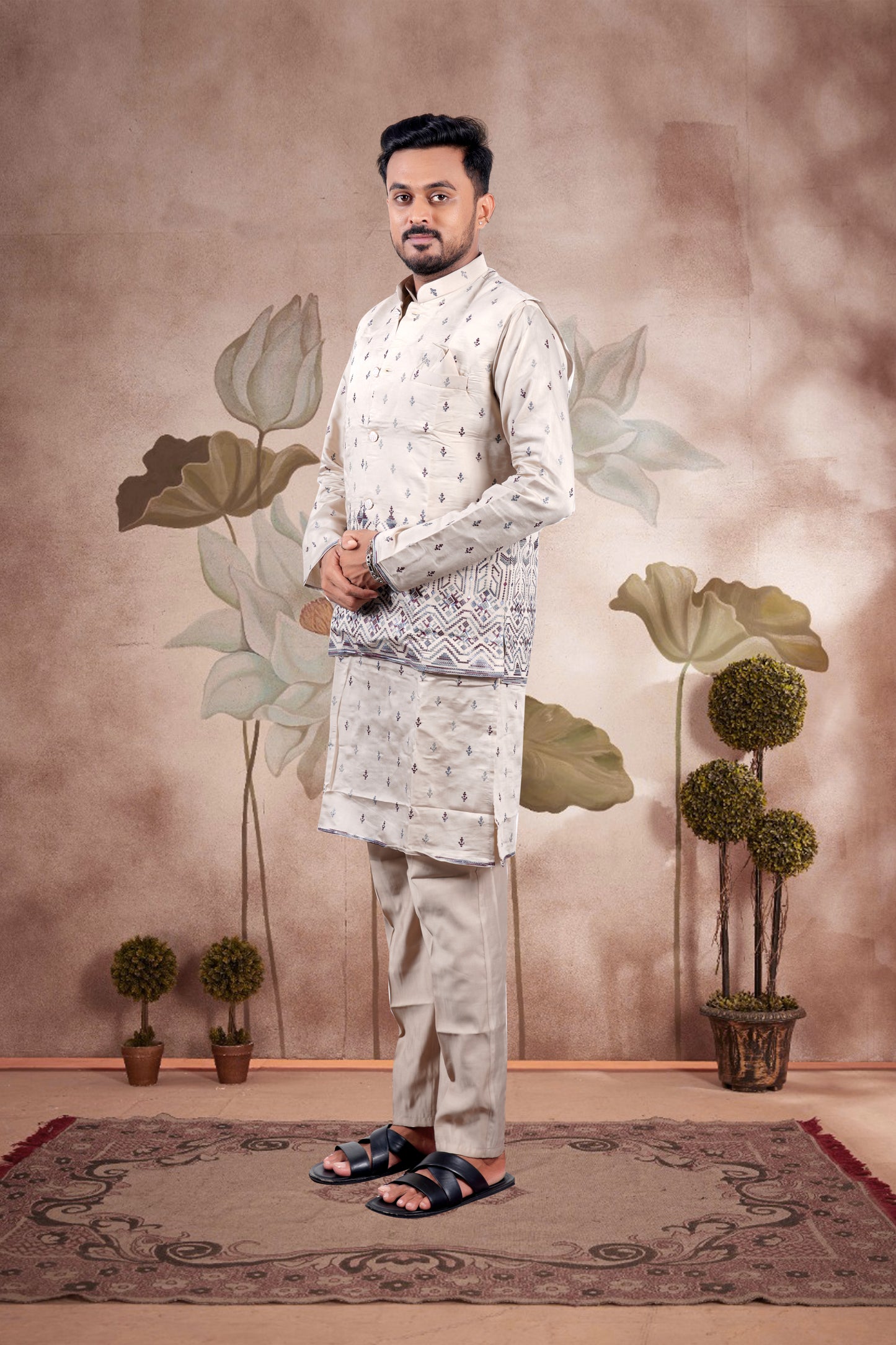 Beige Embroidered Kurta Set with Jacket – Regal Wedding Edition
