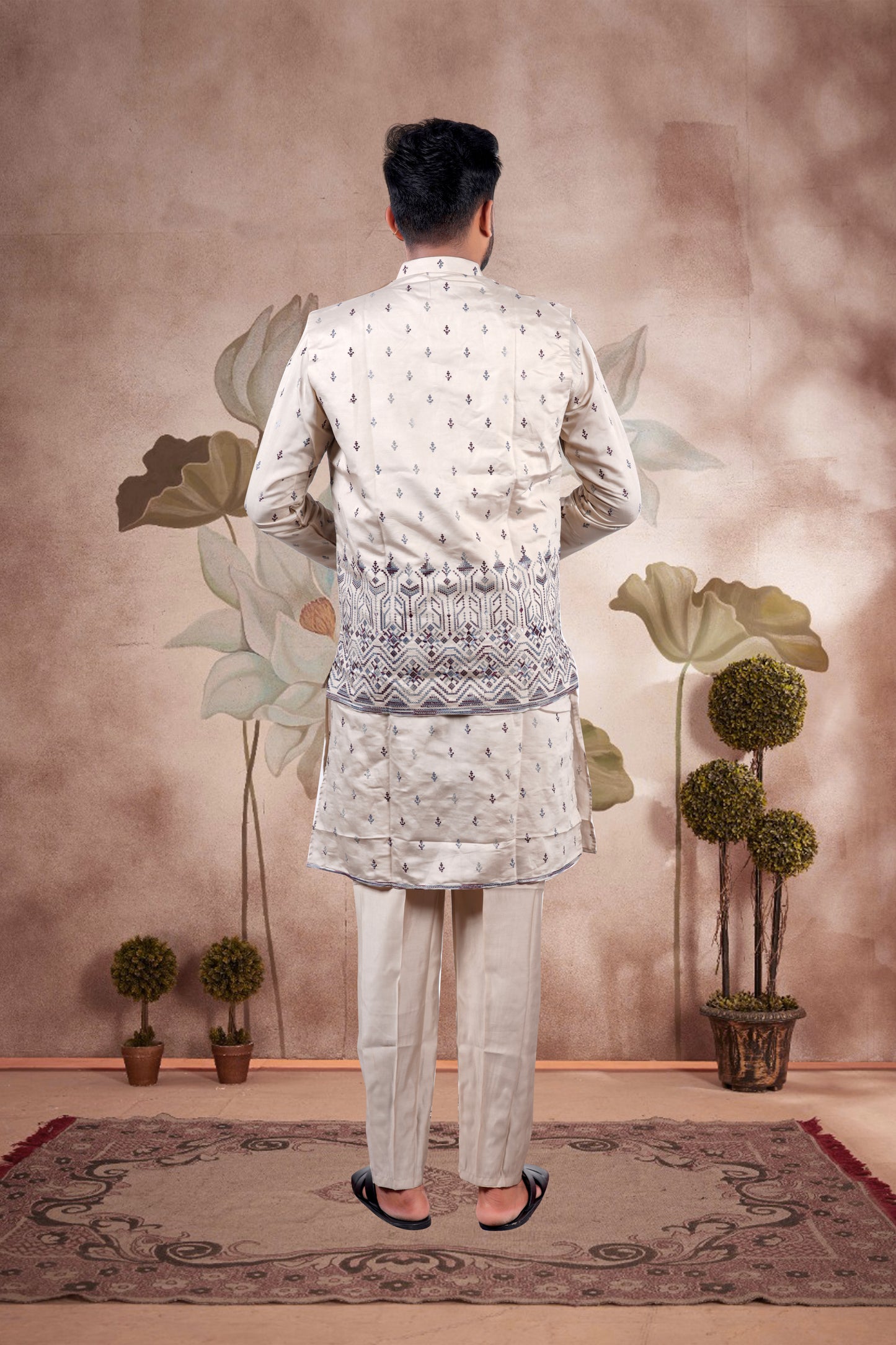 Beige Embroidered Kurta Set with Jacket – Regal Wedding Edition