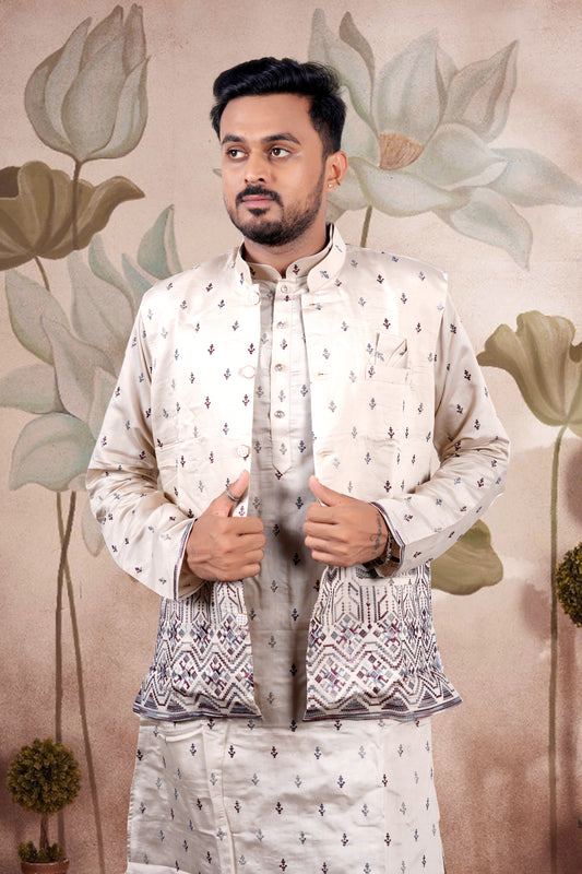 Beige Embroidered Kurta Set with Jacket – Regal Wedding Edition