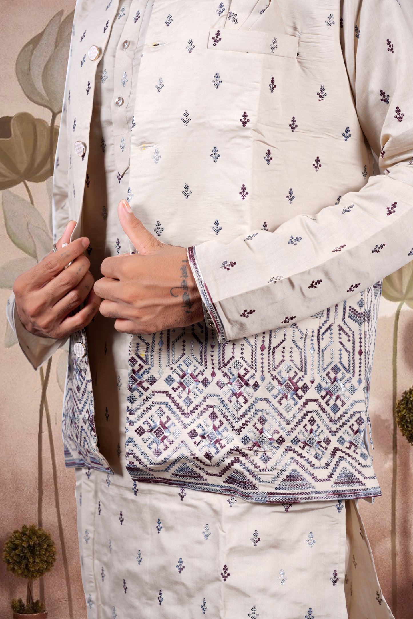 Beige Embroidered Kurta Set with Jacket – Regal Wedding Edition