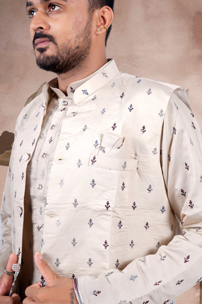 Beige Embroidered Kurta Set with Jacket – Regal Wedding Edition