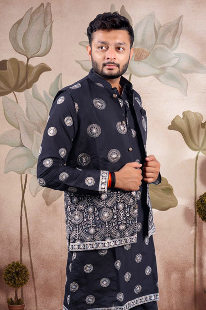 Black Embroidered Kurta Set with Jacket