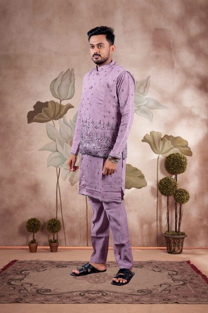 Lavender Embroidered Kurta Set with Jacket