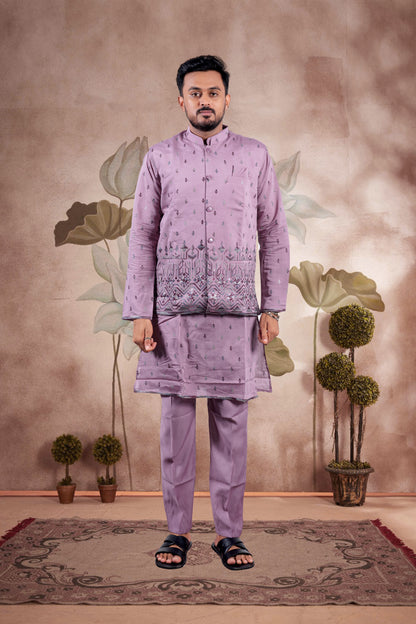Lavender Embroidered Kurta Set with Jacket