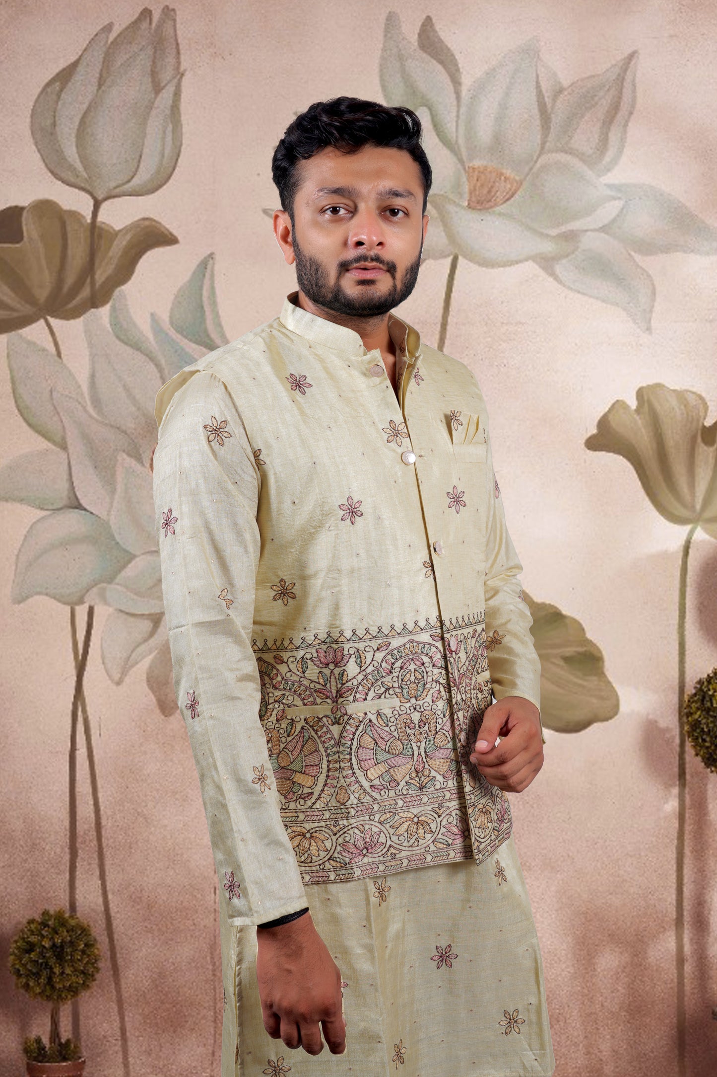 Yellow Embroidered Kurta Set with Jacket