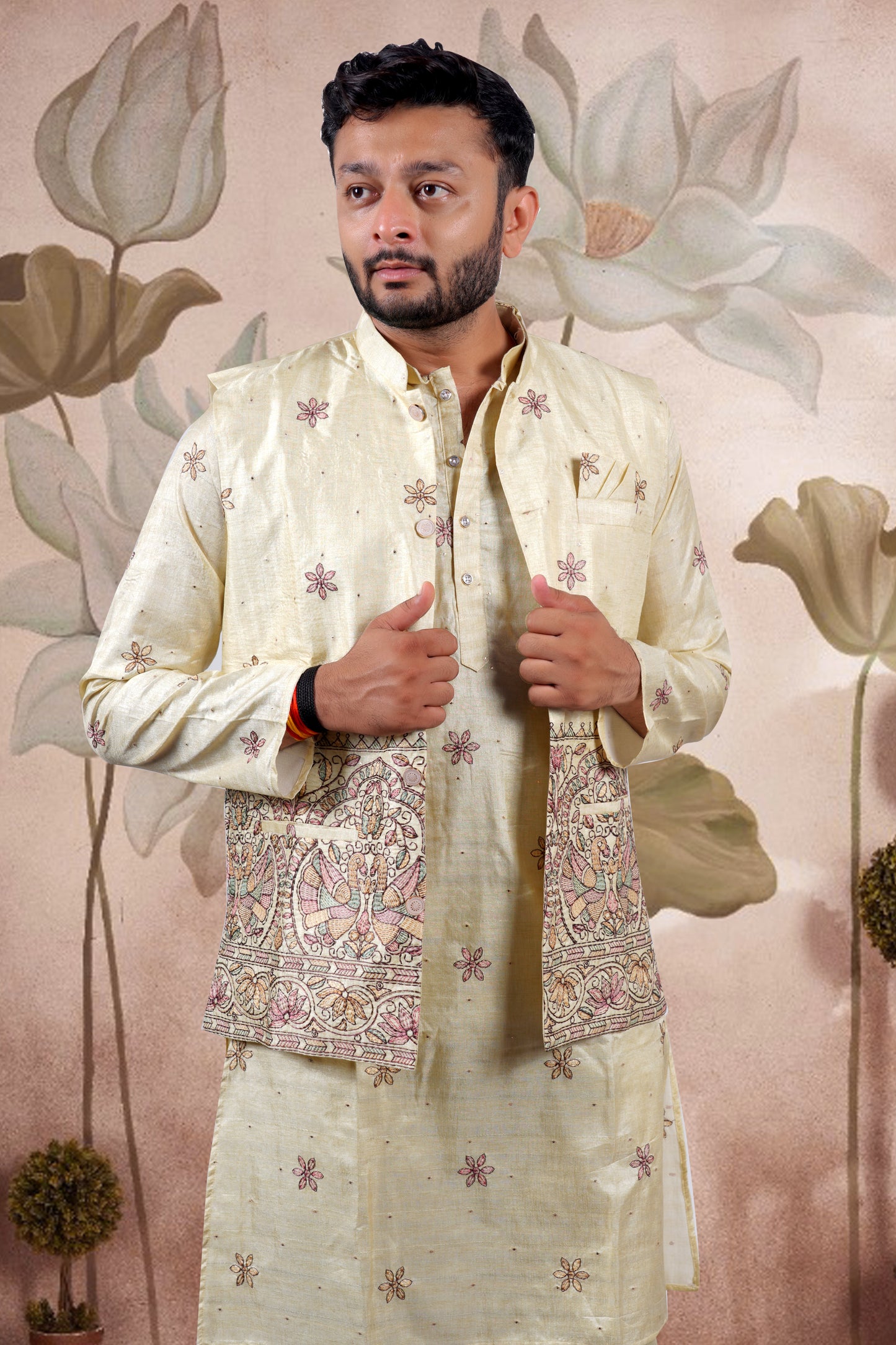 Yellow Embroidered Kurta Set with Jacket