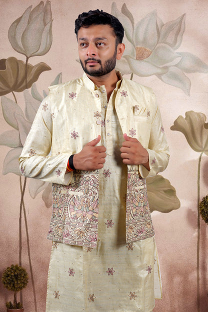 Yellow Embroidered Kurta Set with Jacket