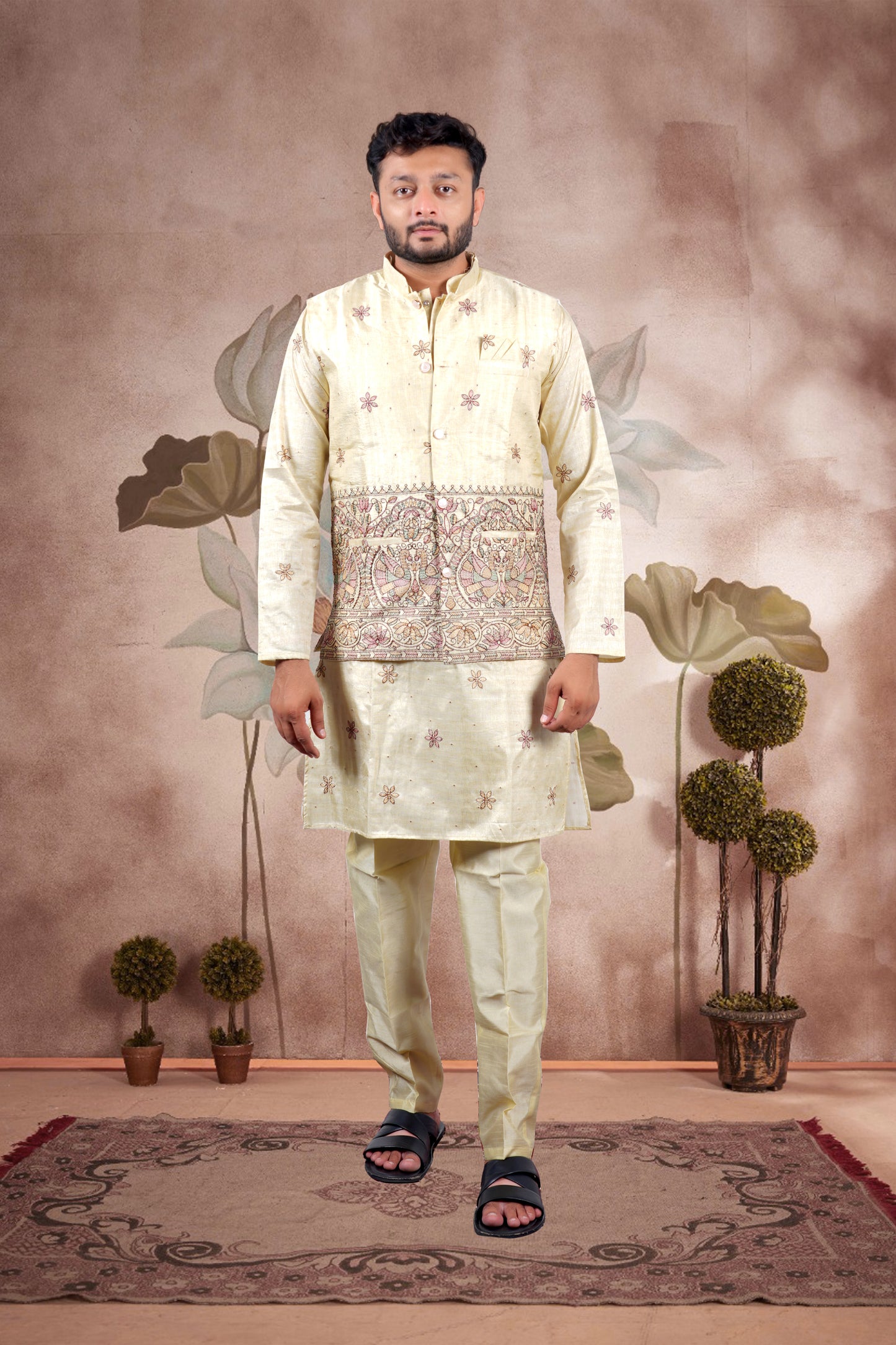 Yellow Embroidered Kurta Set with Jacket