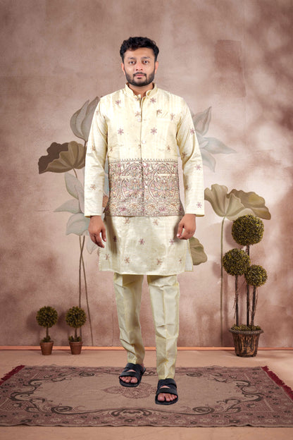 Yellow Embroidered Kurta Set with Jacket