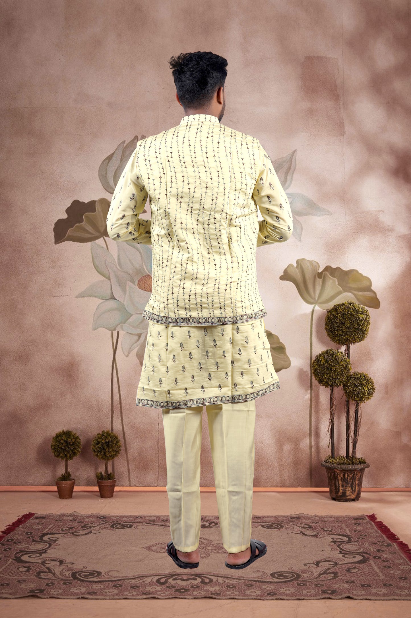 Yellow Embroidered Kurta Set with Jacket