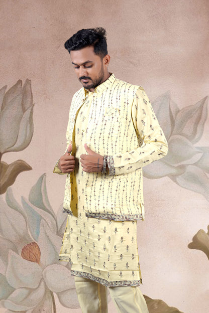 Yellow Embroidered Kurta Set with Jacket