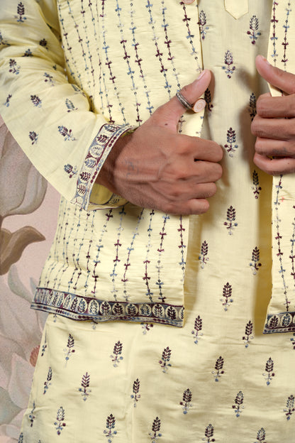 Yellow Embroidered Kurta Set with Jacket