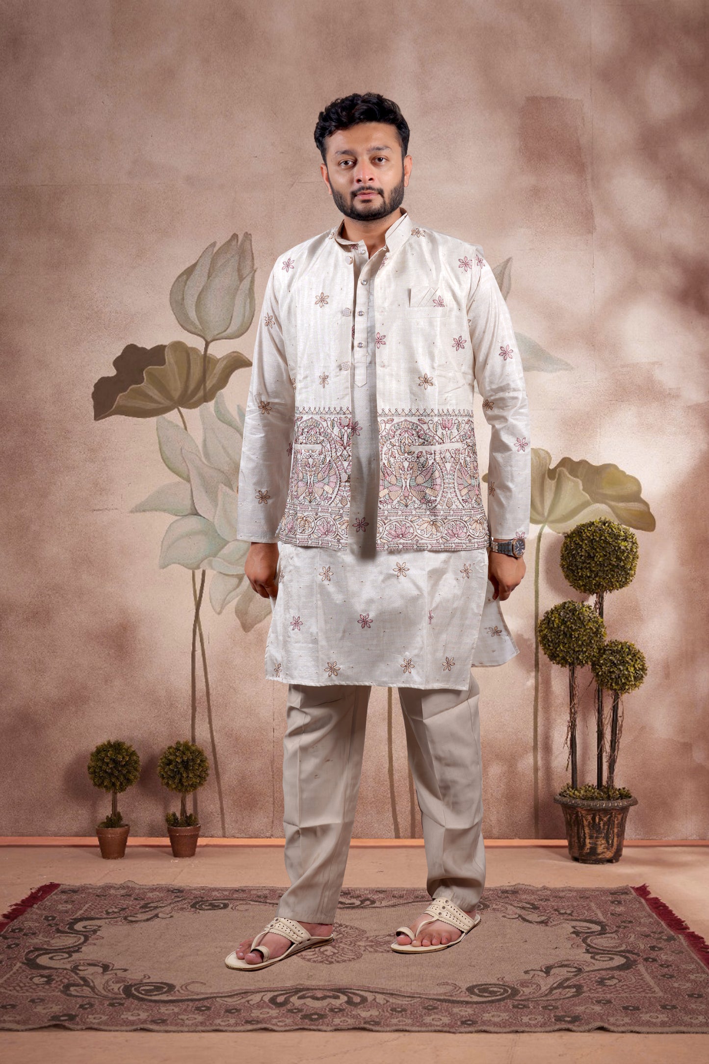 Beige Embroidered Kurta Set with Jacket