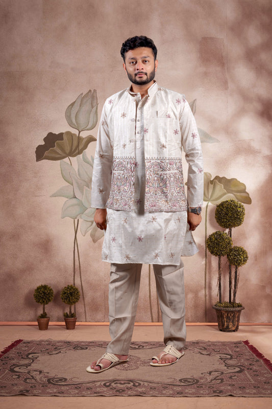 Beige Embroidered Kurta Set with Jacket