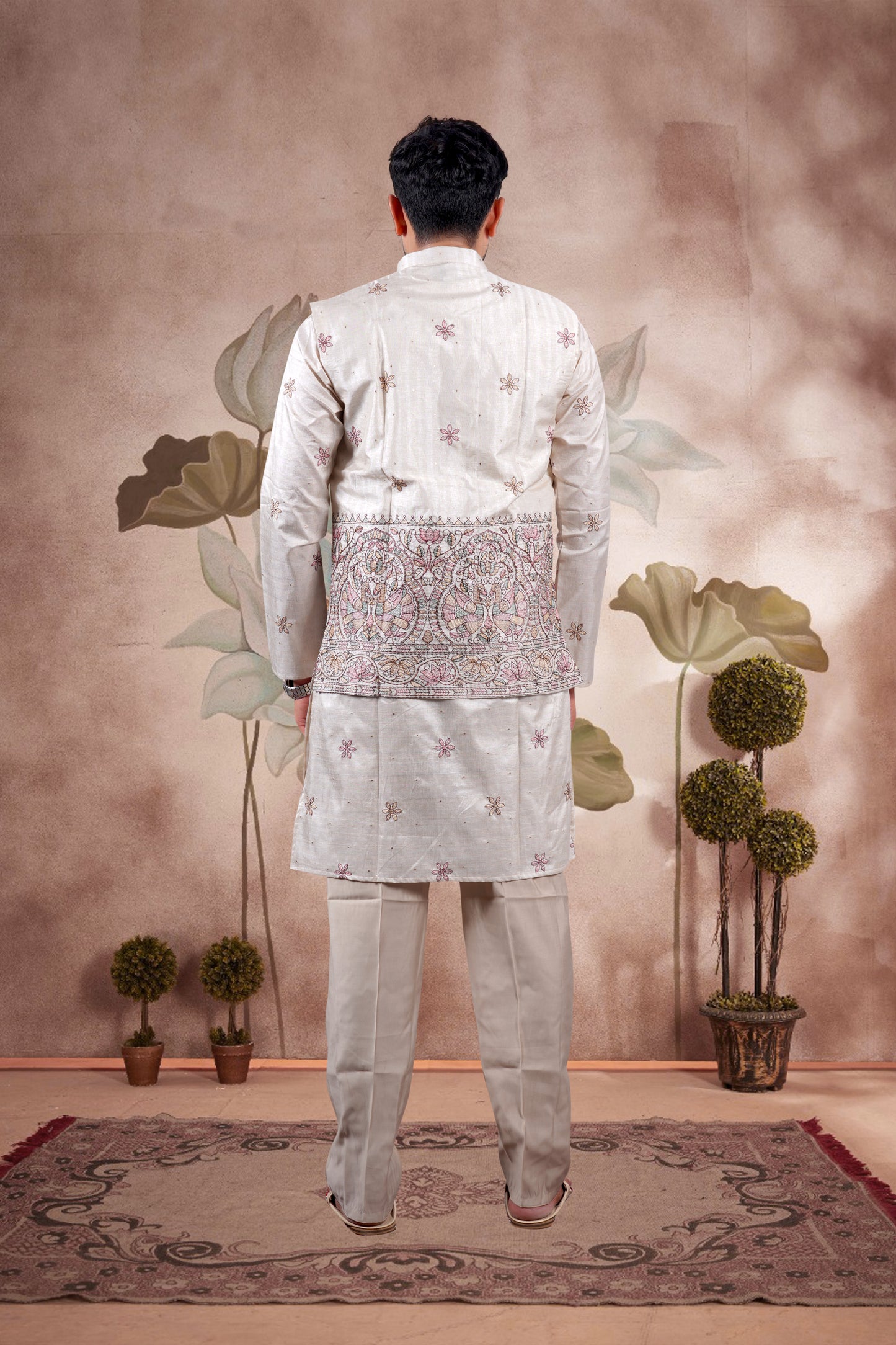 Beige Embroidered Kurta Set with Jacket