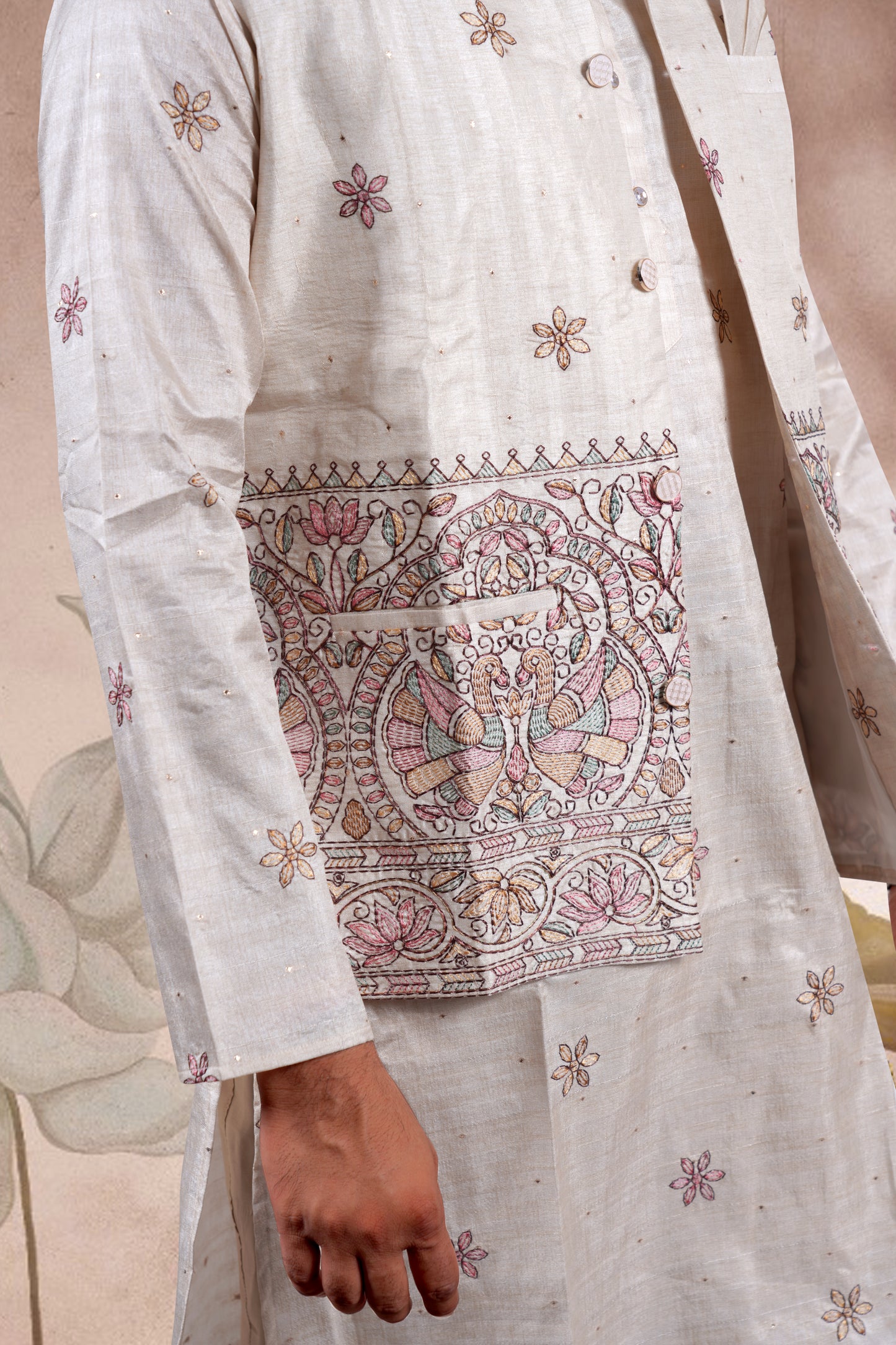 Beige Embroidered Kurta Set with Jacket